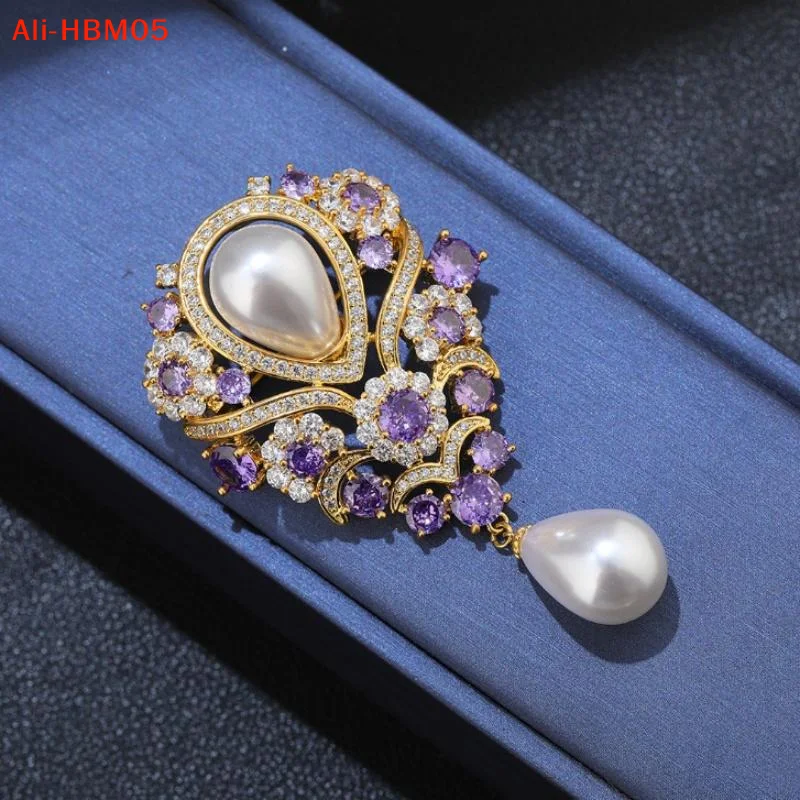 (HB05)Fashionable Violet Pearl Pendant Luxurious Rhinestone Inlaid Brooch Charming Jewelry Accessories For Banquet Dresses Gifts