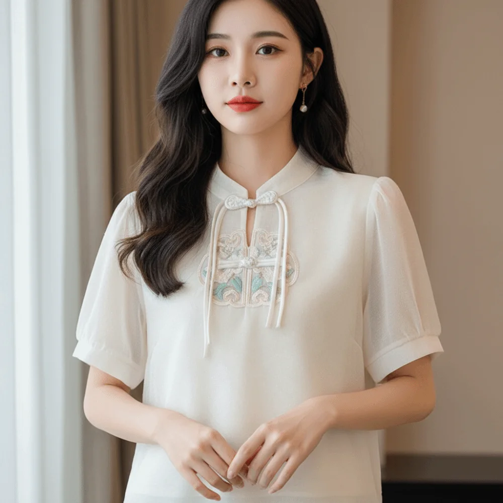 Fashion Chinese Style Embroidered Chiffon Blouses Stand-Up Collar Slimming Short Sleeve Shirts Breathable Blouses Summer
