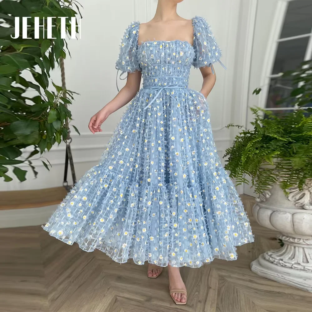 Jeheth Blauw Vierkante Hals Midi Madeliefjes Tulle Prom Dresses Korte Puff Mouwen Avondjurken Zakken Enkellange Vestidos De Fiesta Fluitjes, madeliefjes, feestjes Een schaamhaar, een avondjurk Blauwe sluier Blauwe made