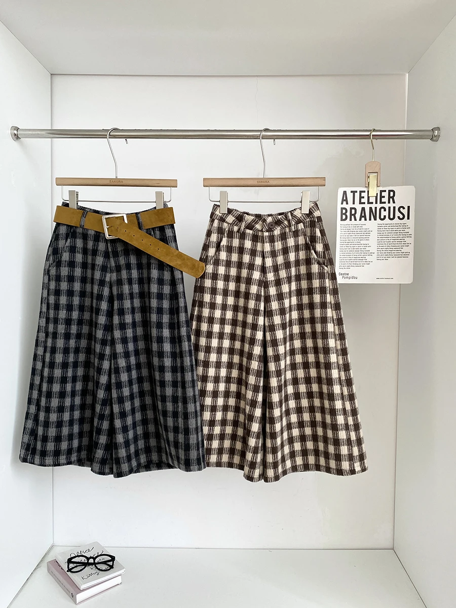 

Ретро-брюки с высокой талией и широкими штанинами, женские повседневные брюки, осенне-зимние, в клетку, утягивающие, свободные, укороченные, шерстяные