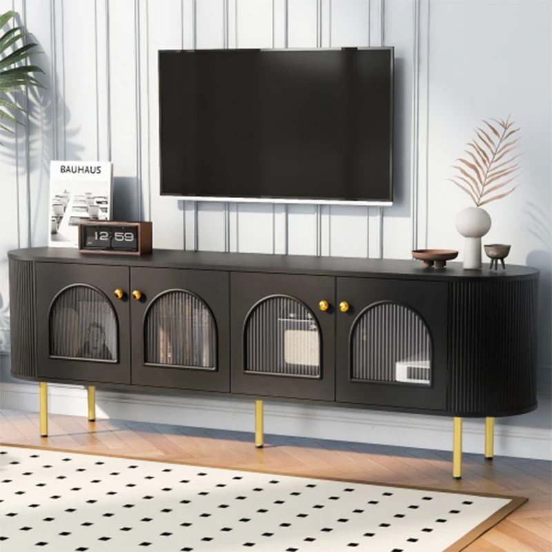 U-Can Modern TV Stand for TVs up to 80 Inches, Entertainment Center with 4 Cabinets, Wood Media Console,Black