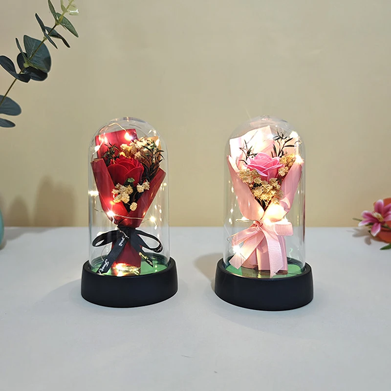 1 Juego de flor de jabón con luz LED de rosa eterna en cubierta acrílica, regalo del Día de San Valentín para novia, Día de la madre, regalo de dama de honor de boda