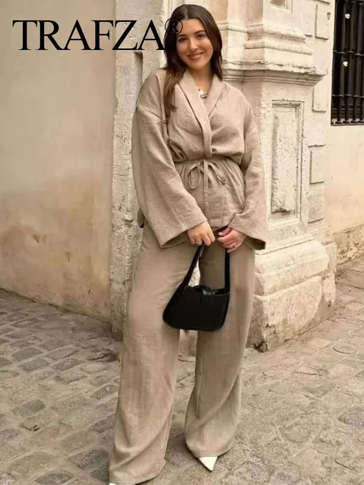 TRAFZA Solid Lace Up Shirts Pants Women Casual Loose Linen Blouse Top Trouser Suit Female 2024 Spring Summer Lady 2 Pieces Set