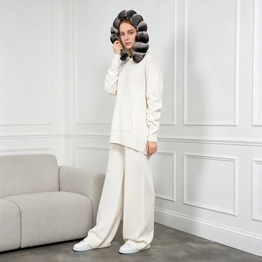 Cashmere Wool Set With Hood With Fur Trim Cashmere Pants For Woman Luxury Natural Rex Rabbit Fur Sweater Short Cashmere Sweater