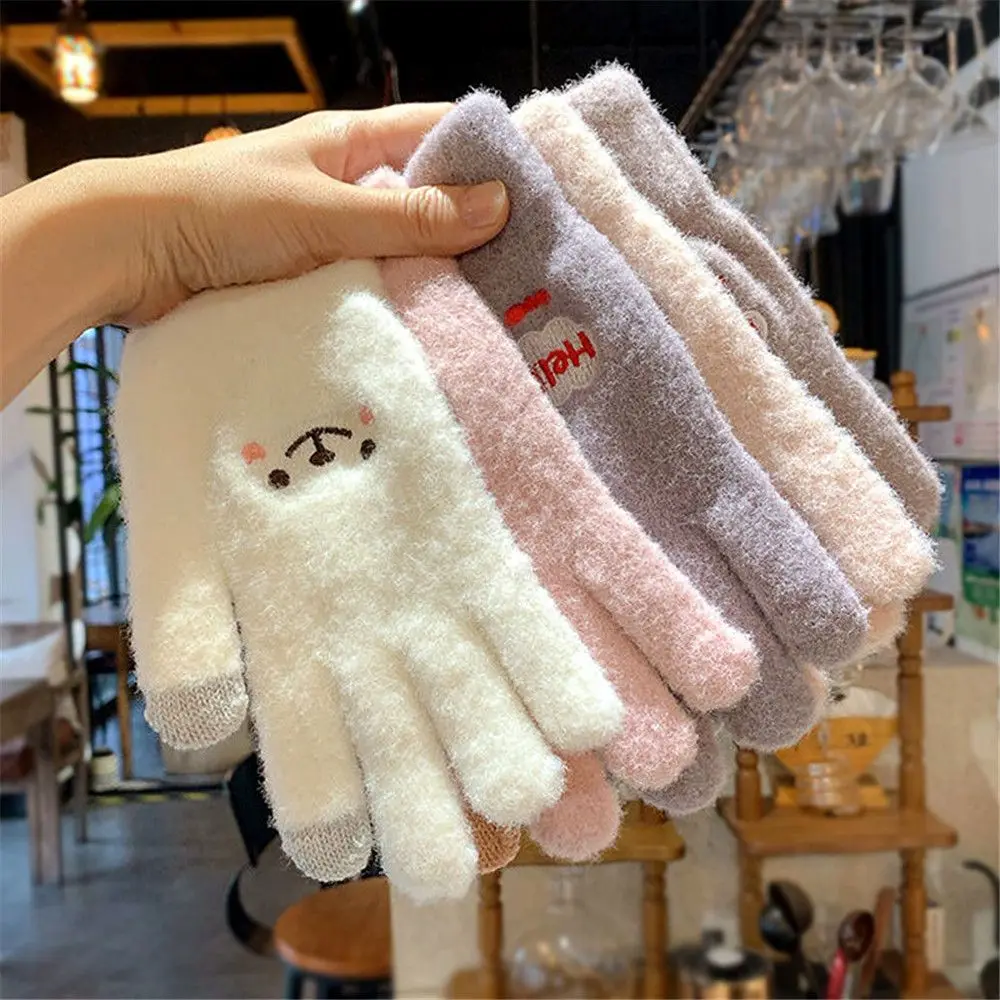 1Pair Cashmere Skiing Gloves Touch Screen Full Finger Gloves Winter Warm Thicken Knitted Stretch Women Gloves Outdoor Accessory