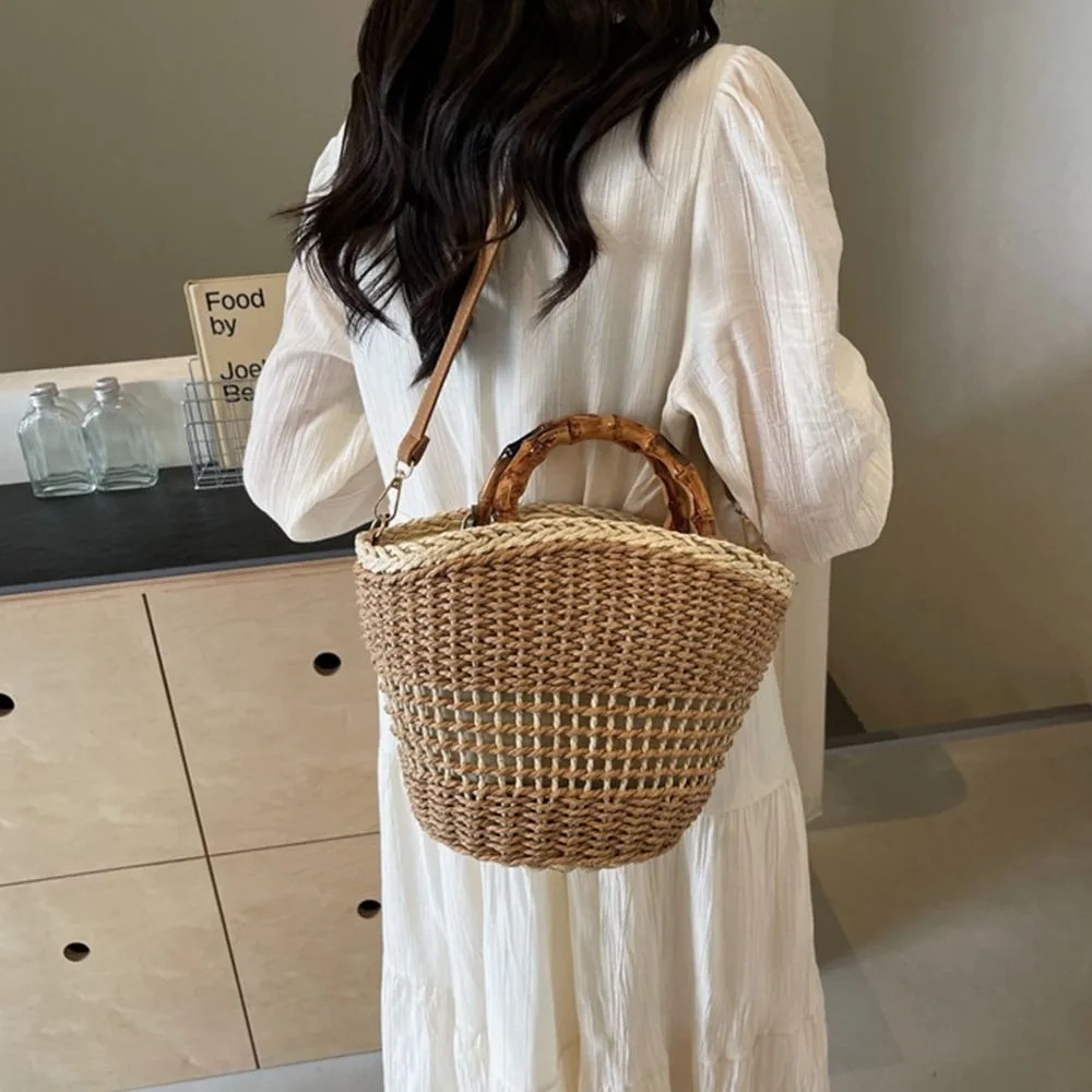 

Handmade Sweet Weave Straw Bag Casual Summer Beach Tote Bag Streetwear Large Capacity Bucket Shoulder Bag Travel