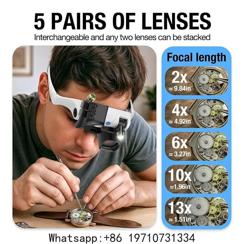 Fresh Jewelers Magnifying Glass With Light& 5 Interchangeable Lens Pairs(2X 4X 6X 10X 13X) For Close Work, Glasses, Headband