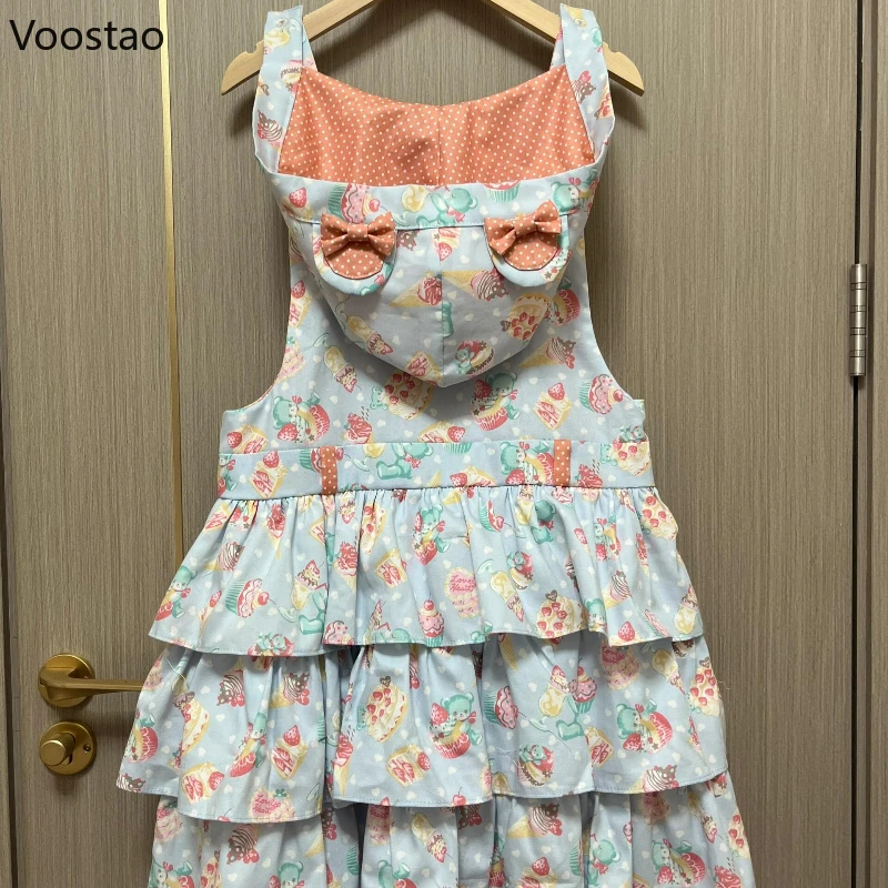 Japanese Sweet Lolita Style Princess Cake Dress Women Kawaii Cartoon Print Bow Hooded Dresses Korean Cute Y2k Party Mini Dress