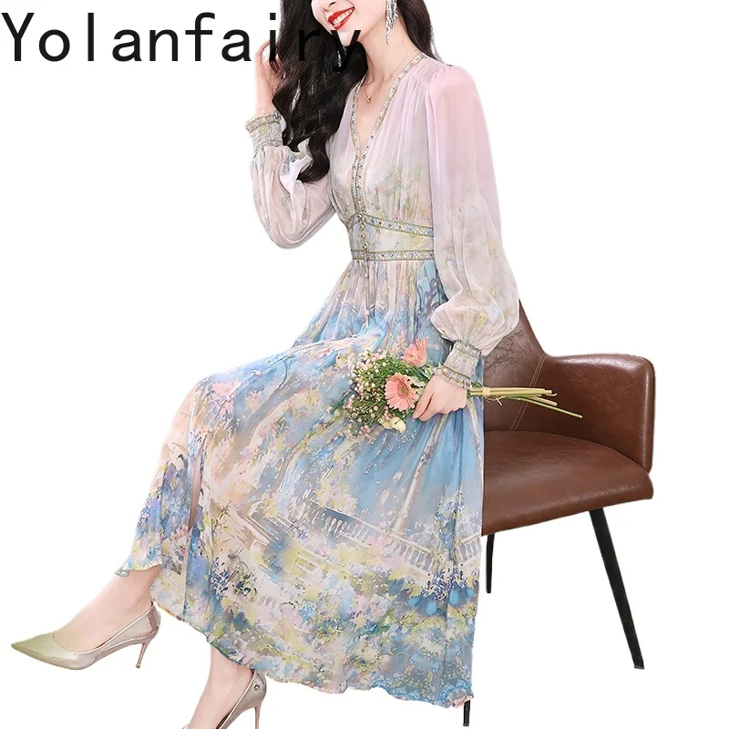 YOLANFAIRY Elegante 100% vera seta di gelso Abiti Donna 2025 Inizio autunno Abito da fata di lusso Abito da donna stampato a maniche lunghe