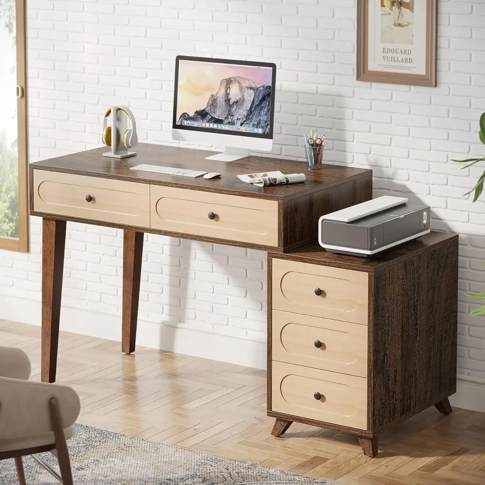 

Rustic Brown 51-Inch Desk with 5 Drawers, Reversible Cabinet for Study and Small Spaces