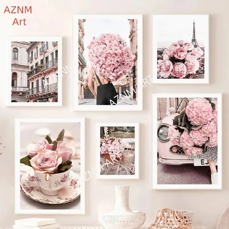 Pink Peony Rose Flower Macarons Cup Bike Tram Quotes Wall Art Canvas Painting Posters And Prints Pictures For Living Room Dec