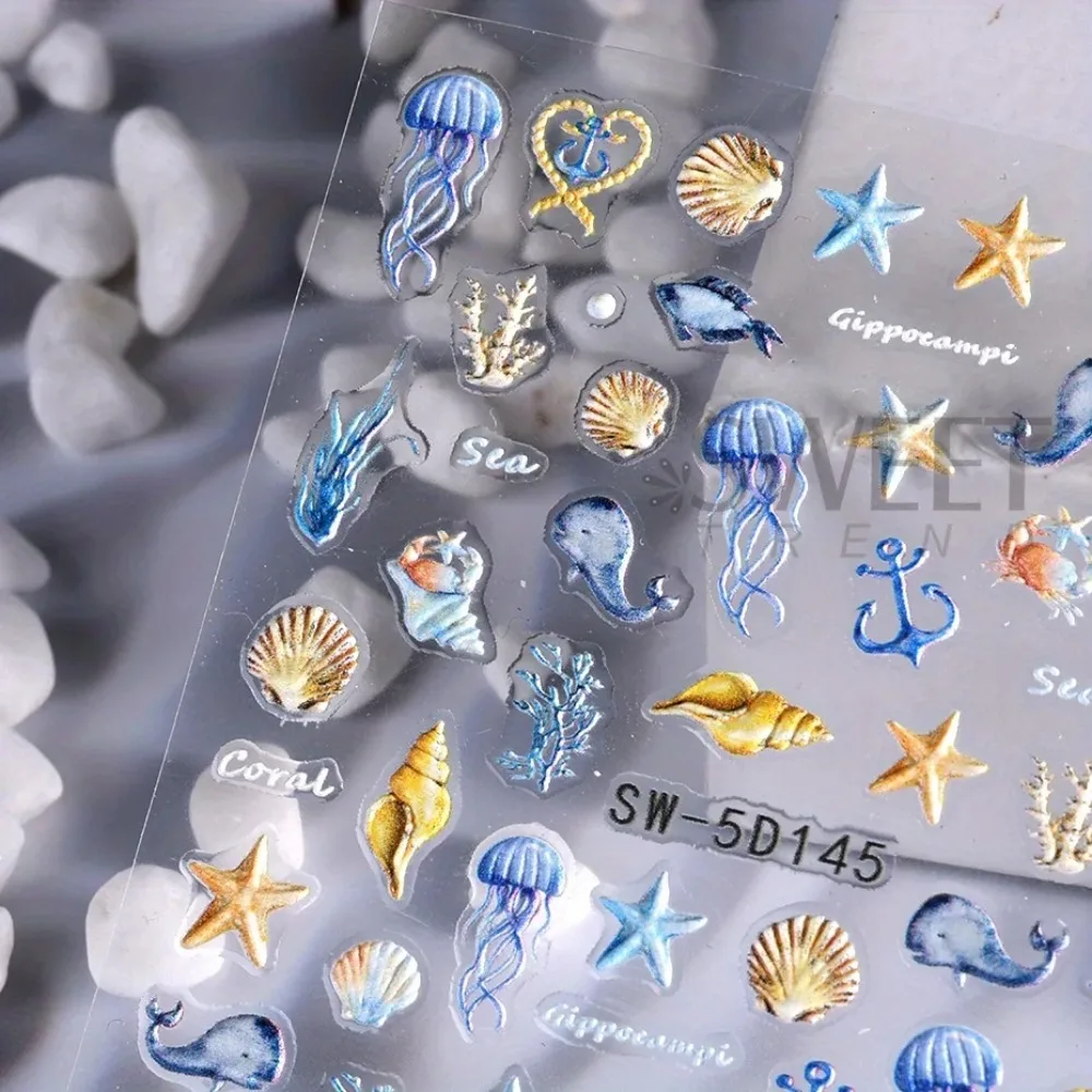 Autocollants pour ongles 5D méduse, plage d'été, coquille blanche, étoile de mer, vis adhésive, curseur, sirène, décalcomanies en relief, feuilles de décoration pour manucure
