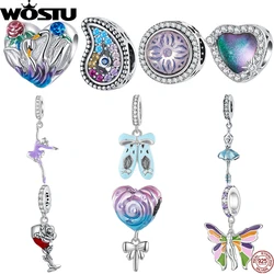 WOSTU 925 Sterling Silver Dreamy Ballet Girl Shoes Hanging Bead Rainbow Lollipop Charm Fit Original Bracelet DIY Jewelry Making