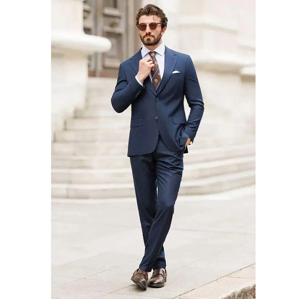 

Formal 2 Button Slim Fit Men's Suits Blue Notch Lapel High Quality Outfits Elegant Wedding Groom Full Set 2 Piece Jacket Pants