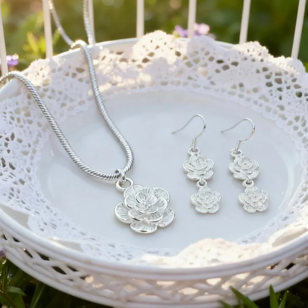 

New luxury 925 sterling Silver unique Rose flower necklace earrings for woman Fashion niche designer Jewelry sets party gifts