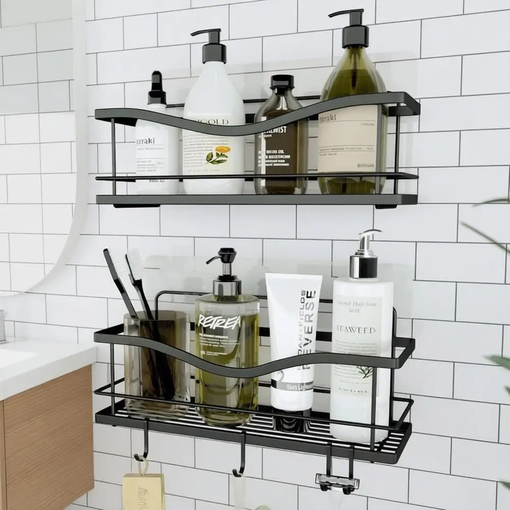 

Матовая черная полка для душа с 4 крючками - без сверления, из нержавеющей стали, органайзер для душа или ванной комнаты