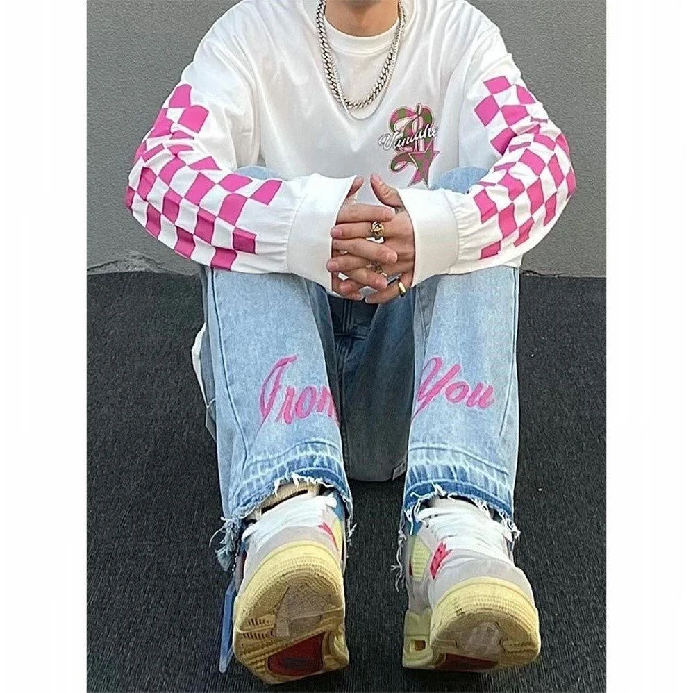 

Washed out American High Street Loose Straight Leg Jeans Men's Trendy Brand Embroidered Drapey Vintage Feeling Long Pants