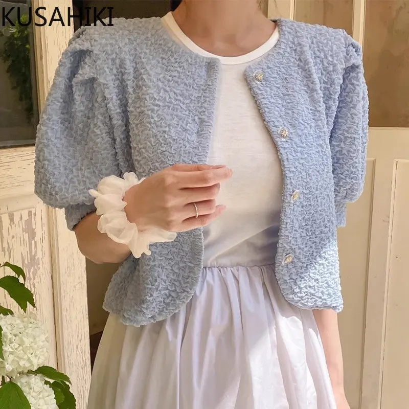 KUSAHIKI Short Coat Women Summer New Puff Sleeve O-neck Jacket Causal Chic Sweet 2023 New Korean Fashion Outwear Cardigan Tops