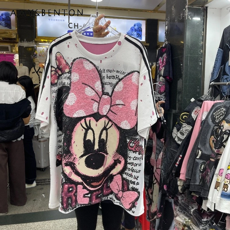 المرأة Y2k Kawaii تي شيرت شعبية فضفاضة قصيرة الأكمام أعلى الصناعة الثقيلة منشفة التطريز المتعثرة الكرتون الشباب بلايز #3