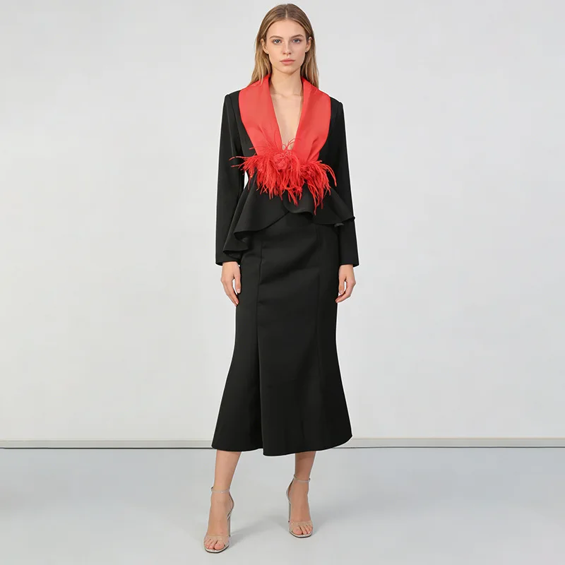 French-style elegant set 2026 new collection: deep V-neck waist-cinching cropped blazer + high-waisted slimming mermaid skirt