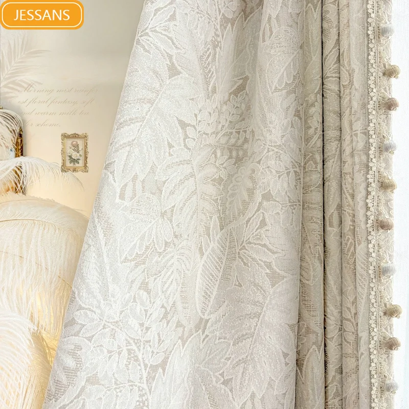 American Leaf Gold Silk Jacquard Opal Chenille Blackout Curtains for Living Room Bedroom French Window Customized Finished