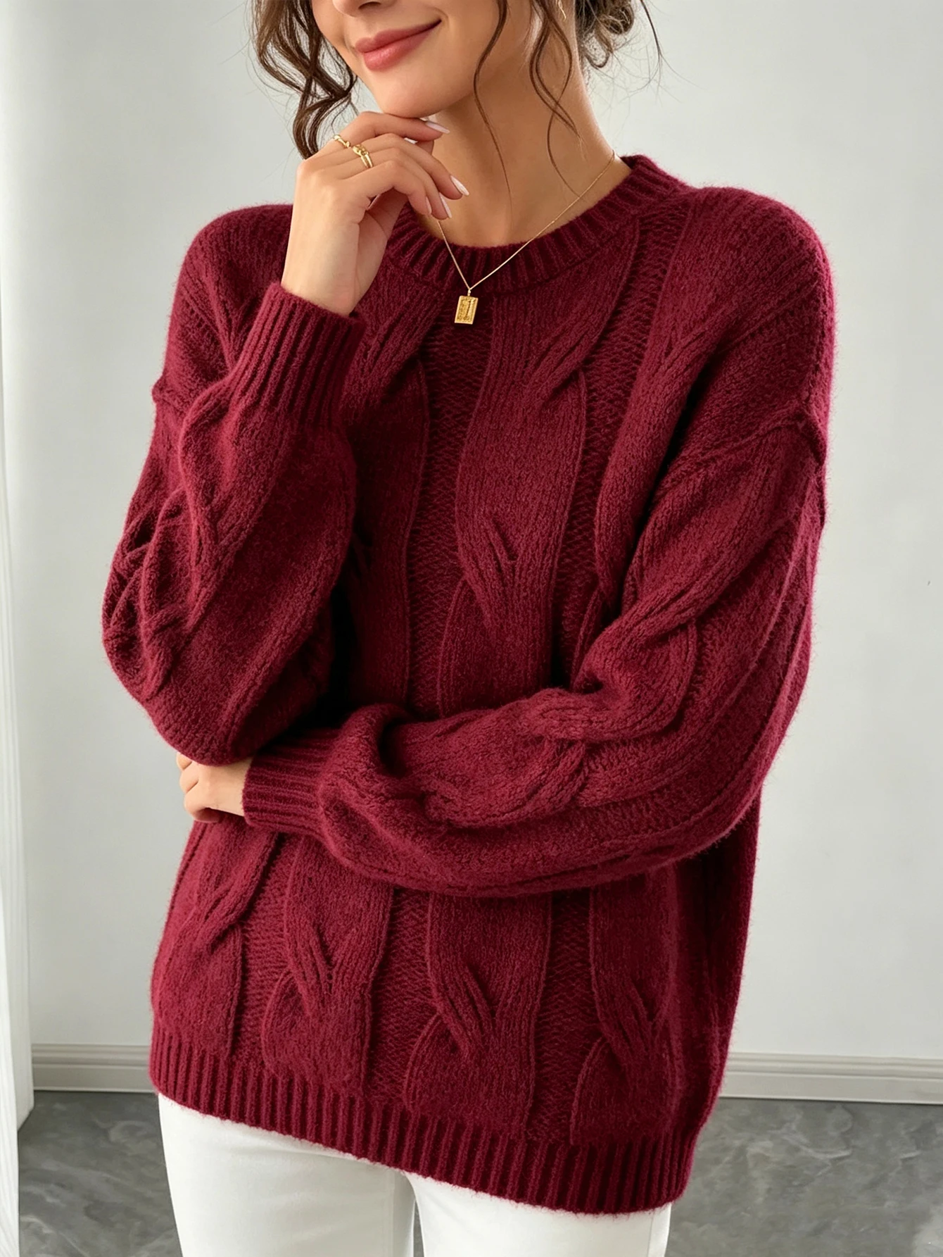 Burgundy Round-Neck Chunky Cable-Knit Sweater for Women, Autumn and Winter European and American Retro Lazy Style Loose-Fitting Drop-Shoulder Long-Sleeve Top, Thickened Warm Pullover Knitwear, Christmas Party and Winter Outing Outfit, Simple Versatile Solid Color Sweater, European Commuter Casual Vibe Women's Warm Knit Top