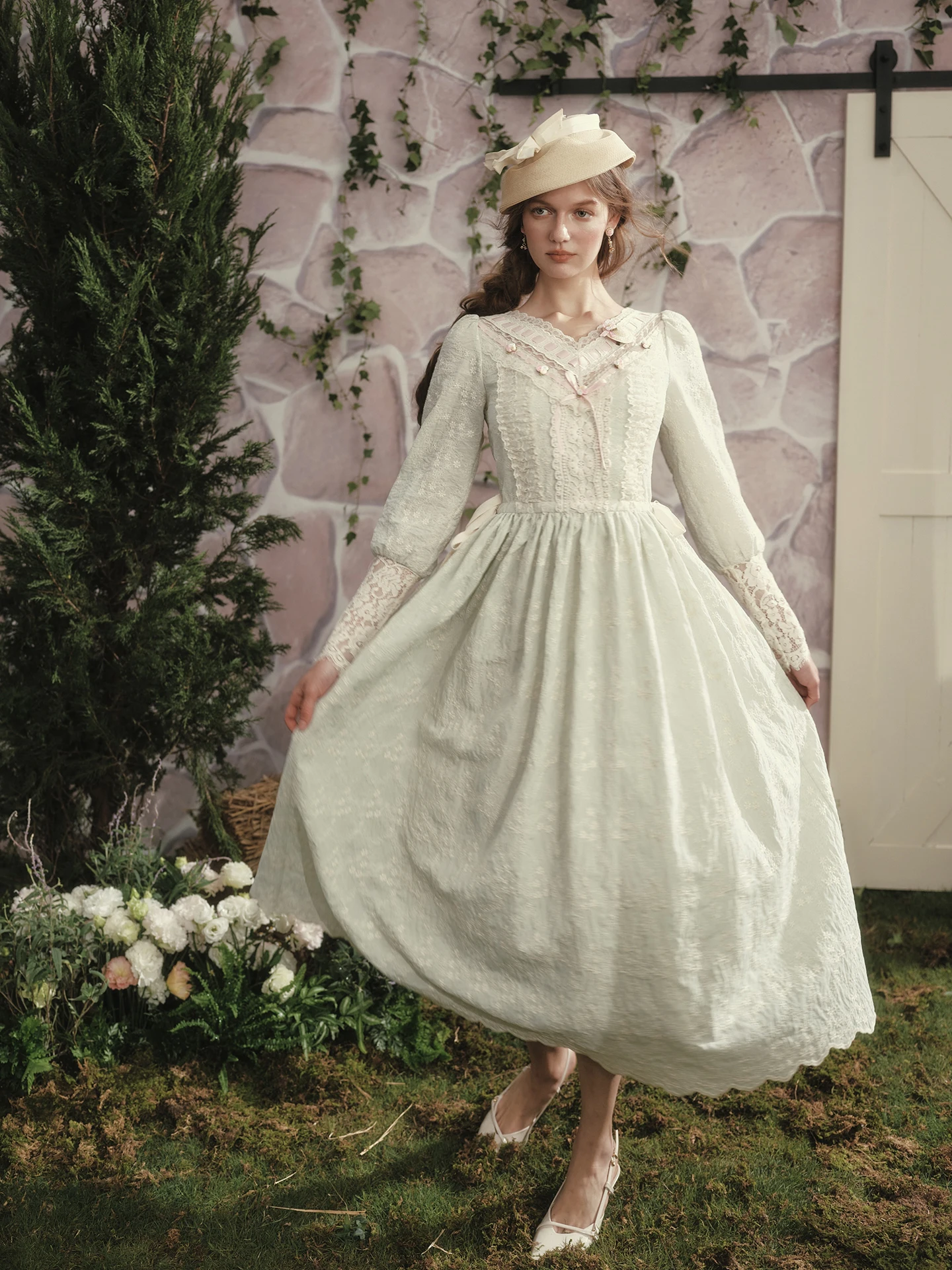 티이하일리 가을 여성 드레스 풀 랜턴 슬리브 롱 맥시 여성용 S-L 빈티지 하이 웨이스트 레이스 V넥 그린 레이스업 자수