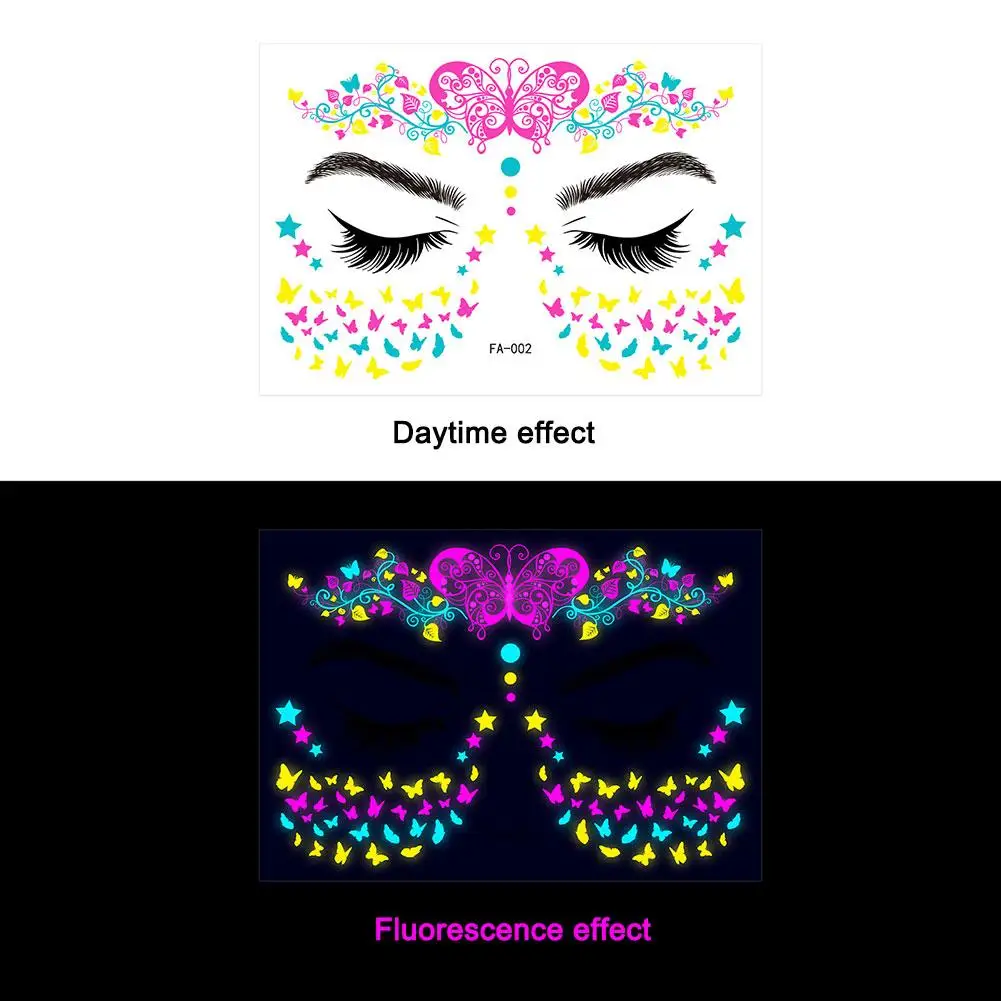 Светящаяся татуировка для лица, временная Водонепроницаемая фея, Бабочка, блестящее искусство, Женская музыка, искусственные татуировки для макияжа, искусственные татуировки, модель C0M4