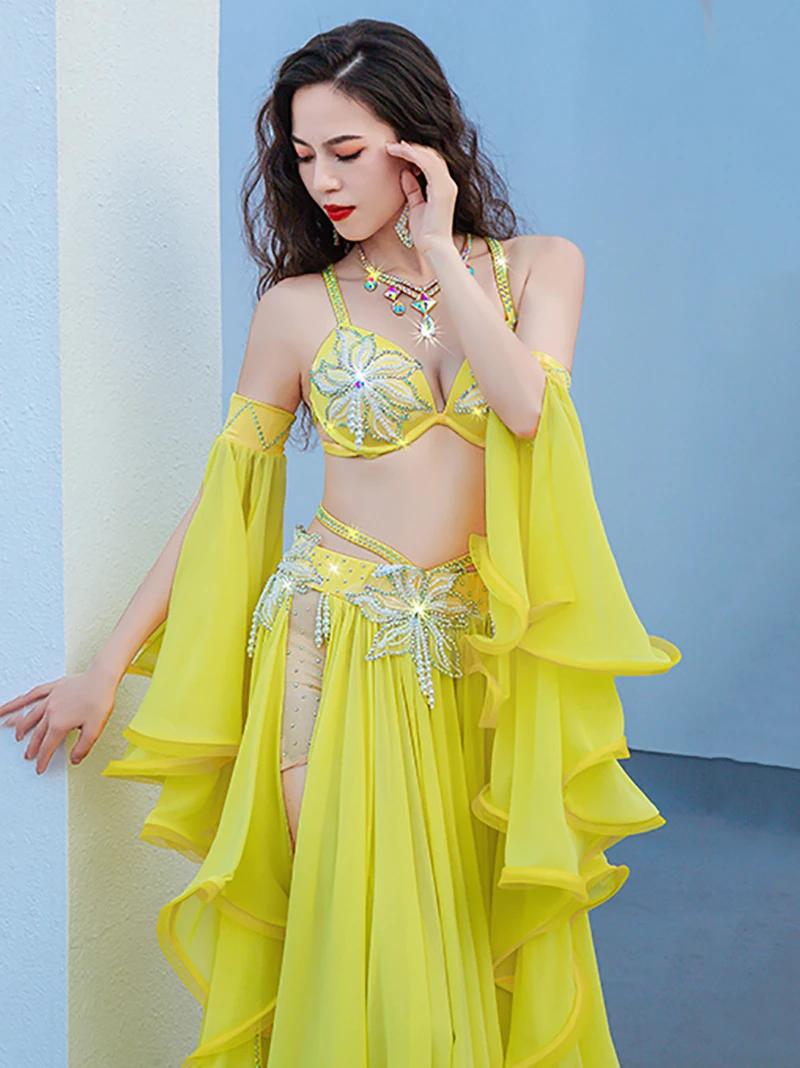 Belly Dance Training Clothes Women Diamond Bra Mesh Long Skirt Princess Fan Popsong Opening Dance Performance Attire Dancewear