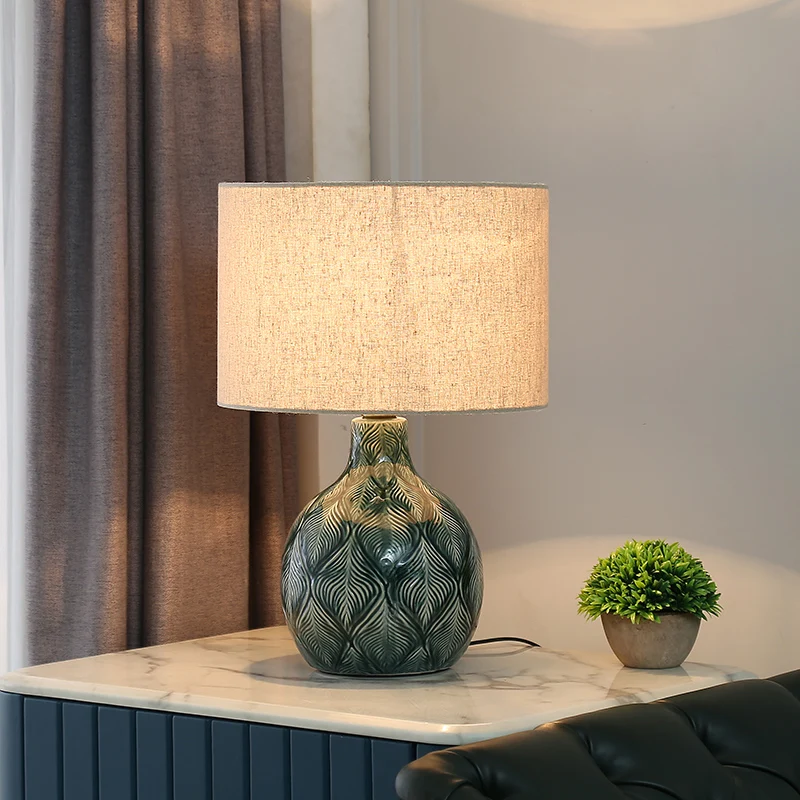 American Green Feather Pattern Ceramics Table Lamps White Fabric Lampshade Creative Living Room Bedroom Study Office Desk Lights