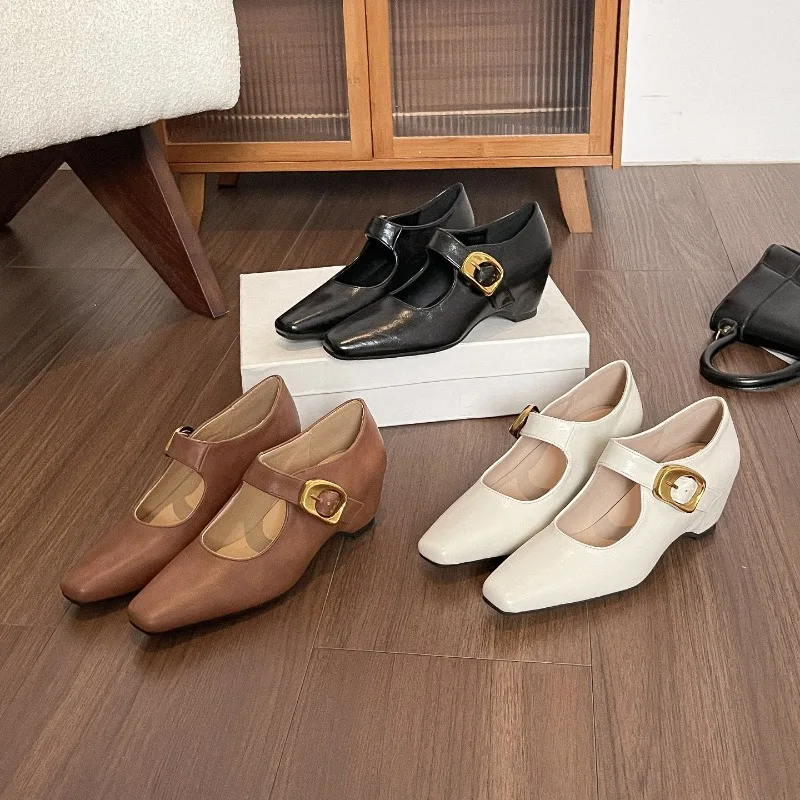 Minimalist Retro Metal One-word Buckle Sandals Women's Summer Advanced Inner Height Increase Mary Jane Shoes French Single Shoes