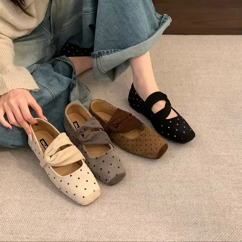 Ladies Flats Brown Shoes Fall Polka Dots Square Toe Mary Jane Comfort Black Flat Shoes Woman Loafers