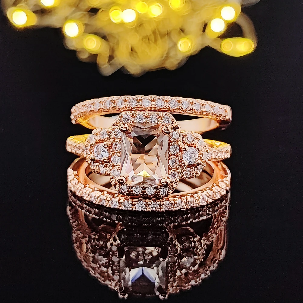 2023 New Luxury Rose Gold Color Princess Wedding Ring Set For Women Lady Anniversary Gift Jewelry Bague Femme Homme Anelli R5085