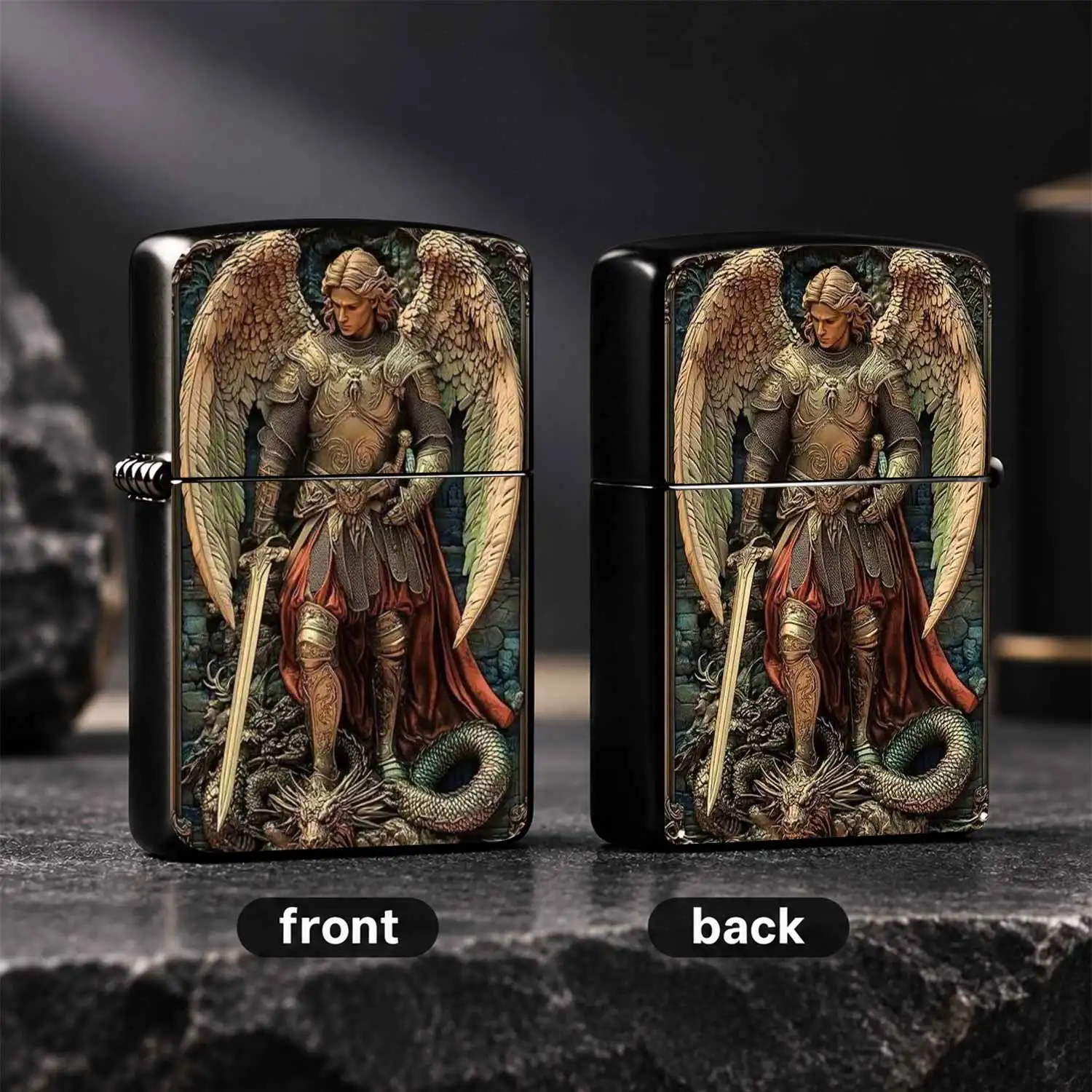 Vintage Archangel Defeats Dragon Relief, Durable Classic Fuel Windproof, Unique Religious Myth Themed Collectible Display, Portable Exquisite  Igniter , Thoughtful Gift For Men Family Friends, Desktop Decor Practical Cool For Daily Use A Fu