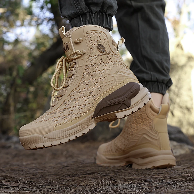 High-Top Leather Men's Boots Breathable Desert Combat Boots Outdoor Non-slip Hiking Boots Men Motorcycle Boots Work Ankle Boots
