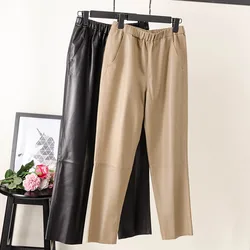 AW New High-end Nine-point Black Straight Pants Women's Genuine Leather 100% Sheepskin Casual Pants Urban Elegance Commuting