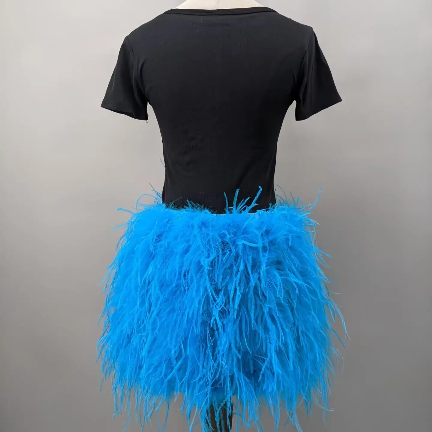 Women Lake Blue Real Ostrich Feather Mini Skirt Elastic Waist Fluffy Short Skirt Y2K Club Festival Party Outfit 22A0602