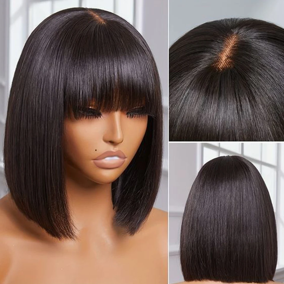 Short Bob Wig With Bangs Brazilian Remy Human Hair Wigs Full Machine Lace Realistic Scalp Glueless Straight Bob Wig With Bangs