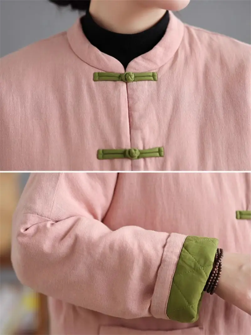 2024 New Style Chinese Women's Pink Cotton Thick Warm Coat Jacket | Autumn Winter Color Blocked Buttoned Loose Outerwear G232