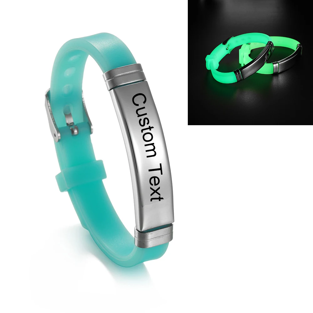 Punk Custom Text Name Inscription Night Light Silicone Bracelet Women Stainless Steel Bracelets for Men Jewelry