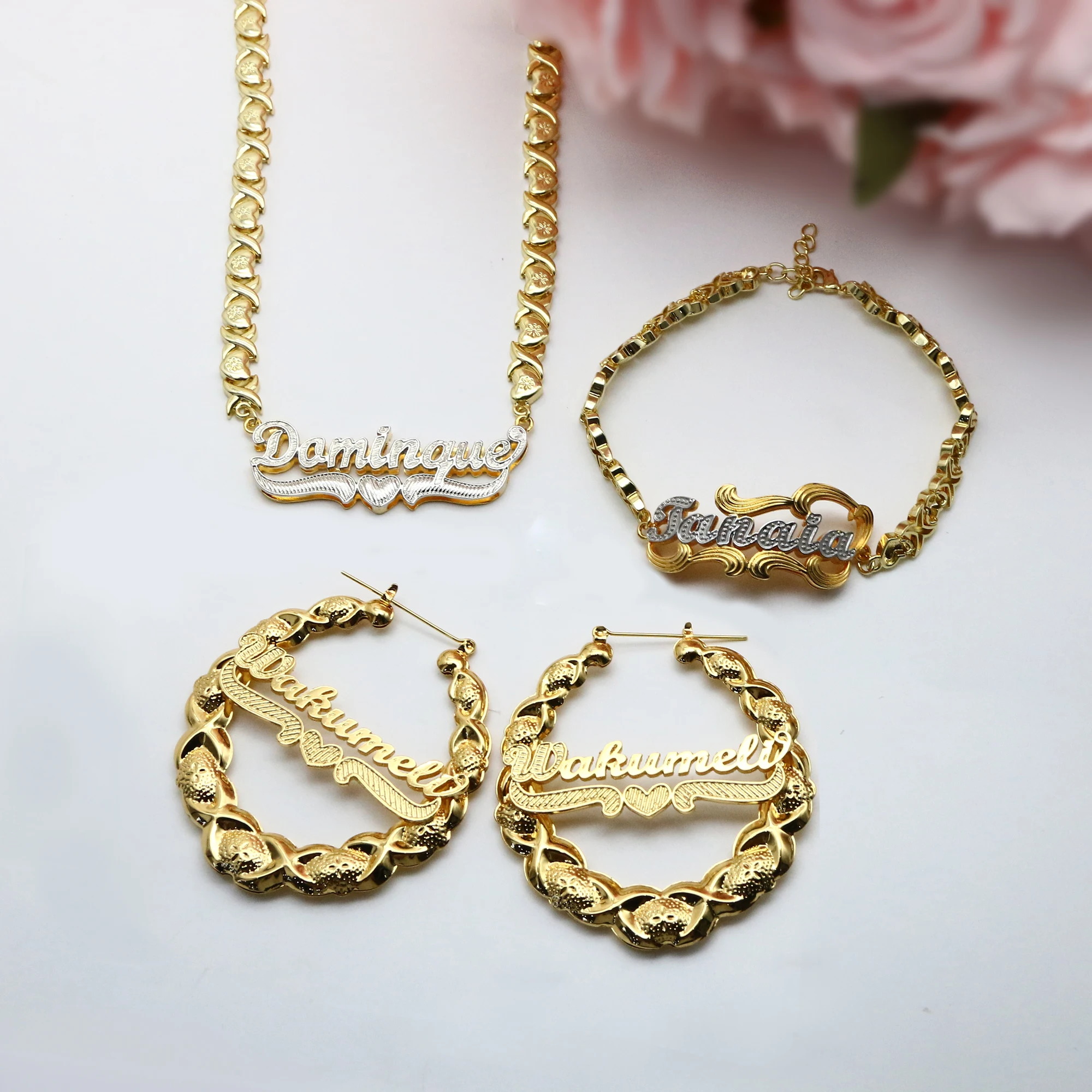 DUOYING XOXO Chain Necklace Bubble Pendant Necklace Two-tone Color Plated Bracelet Custom Name Earring Jewelry Set