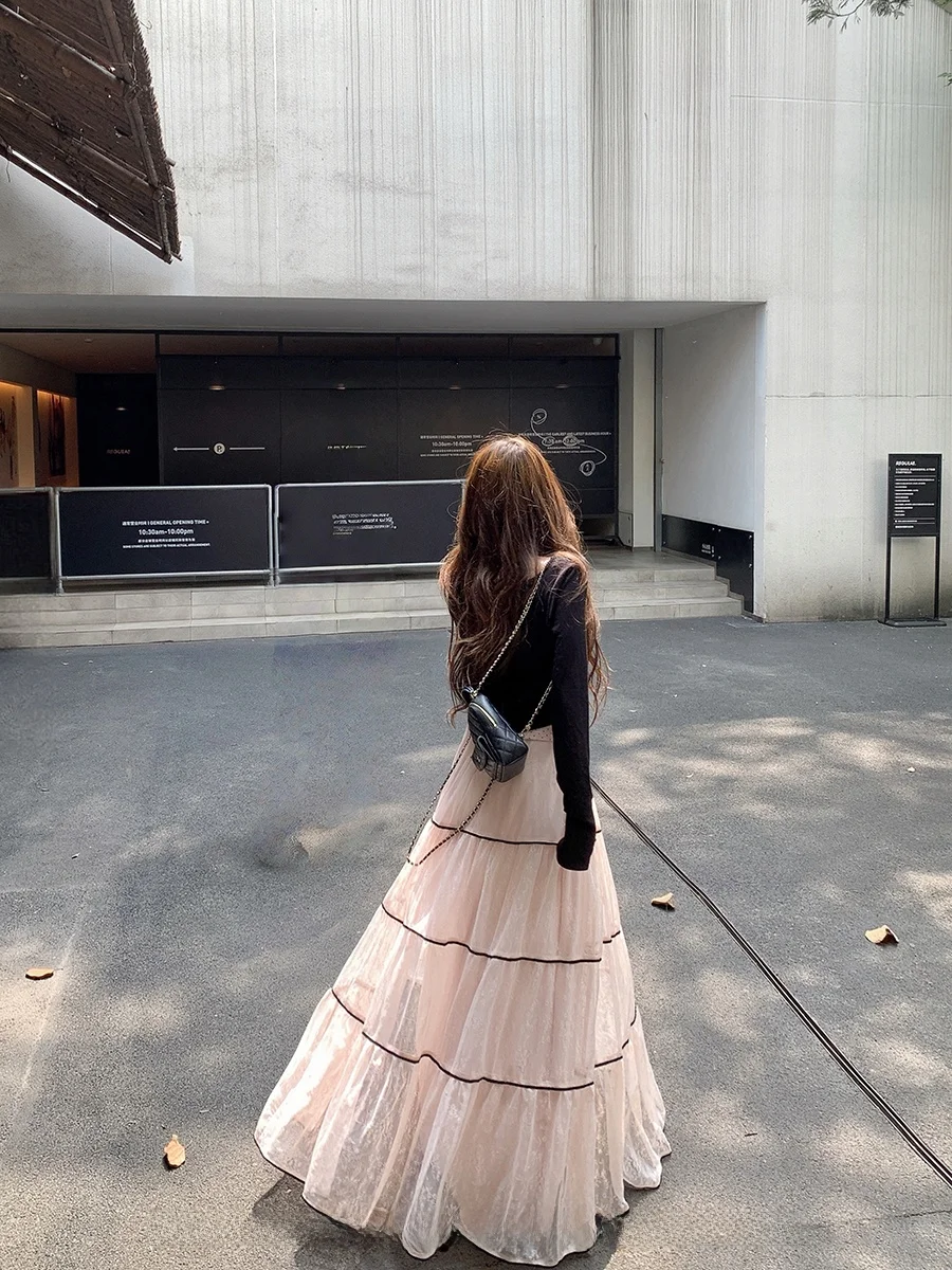 

Юбка CallmeEar Long Lace F Skirt женская, для ранней осени, А-силуэт, многоярусная, из тюля, повседневная, с высокой талией, из полиэфирного волокна