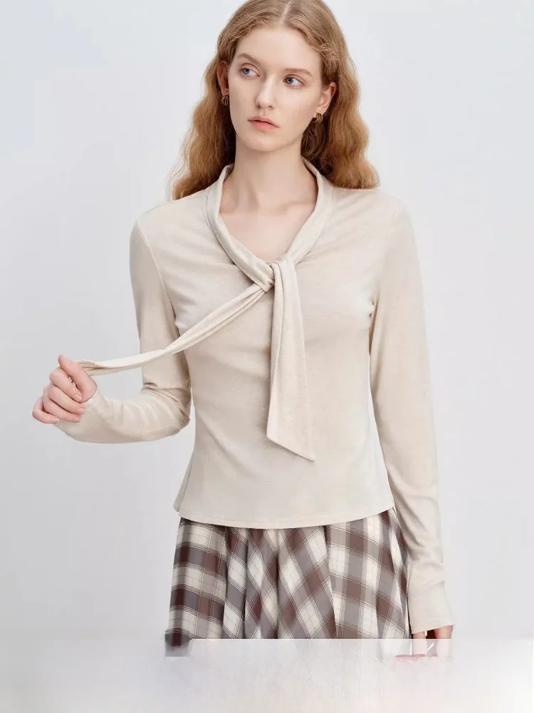 

Женская трикотажная футболка Slim Fit с длинным рукавом, базовый слой, с нежным узловым декором, повседневная, однотонная, для весеннего гардероба