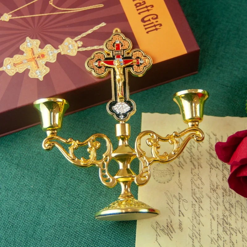 Gold Plated Dual Arm Candelabra Enamel Crucifix Tabletop Catholic Candle Holder Religious Worship Decor Gift For Chapel Church