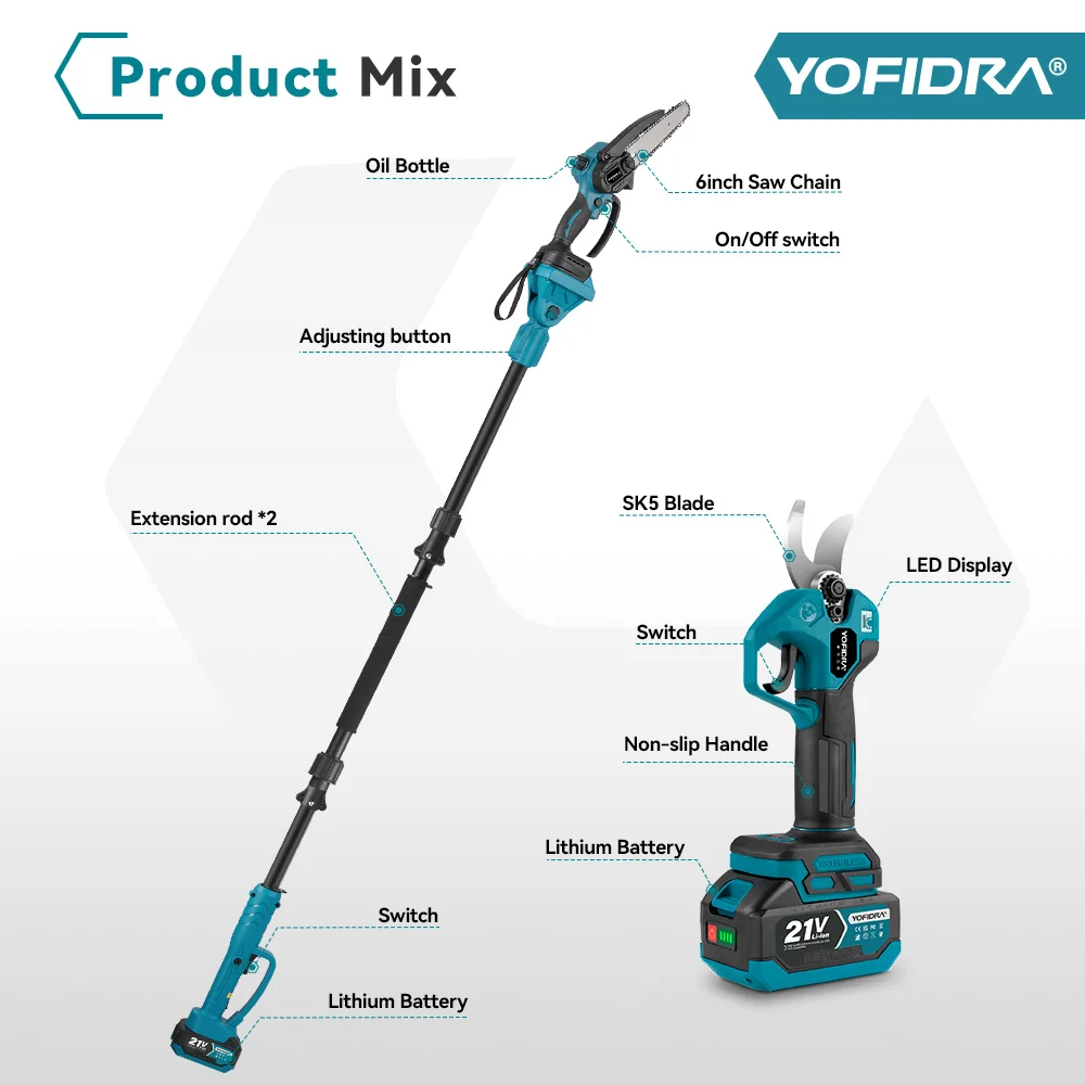 YOFIDRA 4-in-1 bürstenlose Teleskopstangensäge, 8-Zoll-Kettensäge, 32-mm-Gartenschere, Baum-Astschere für Makita-Akku – Detail 18