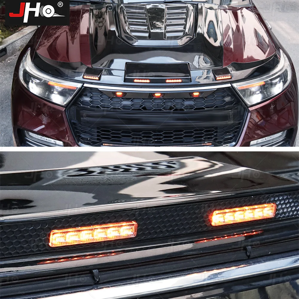 JHO Front Bug Shield Hood Deflector w/ LED Light Strip Guard Bonnet Protector For Ford Explorer 2020-2022 Exterior Accessories