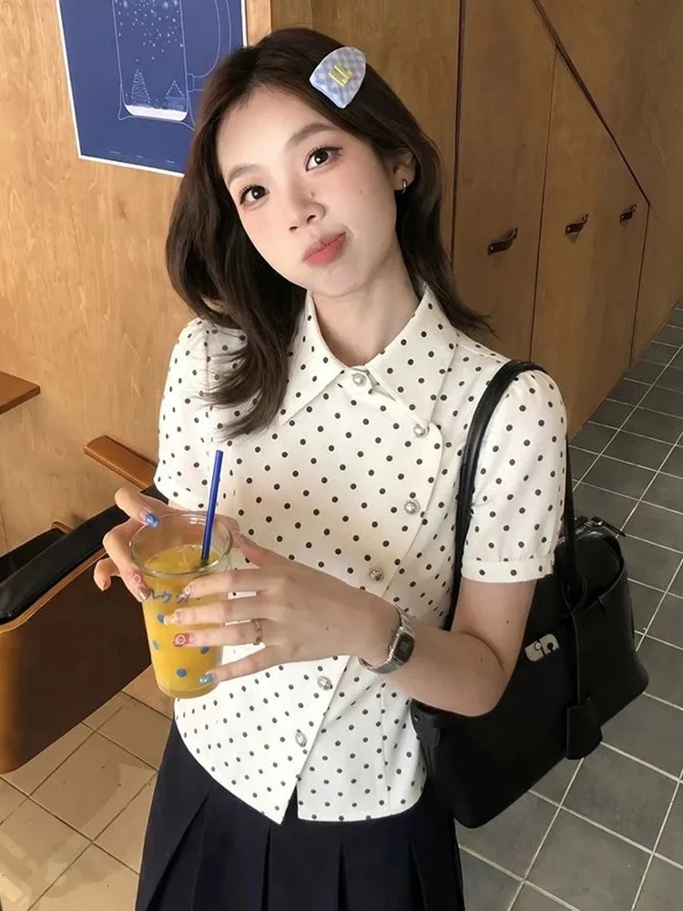 Sweet Dot Cute Shirt Women Summer Preppy Style Kawaii Slim Blouse Fashion Short Sleeve Female Elegant Pearls Buttons Chic Tops