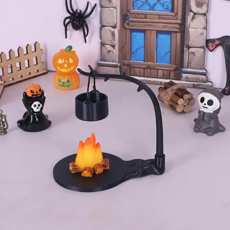 4 Uds casa de muñecas Mini estufa colgante y escena de pila de fuego DIY Camping al aire libre Micro accesorio de decoración de paisaje