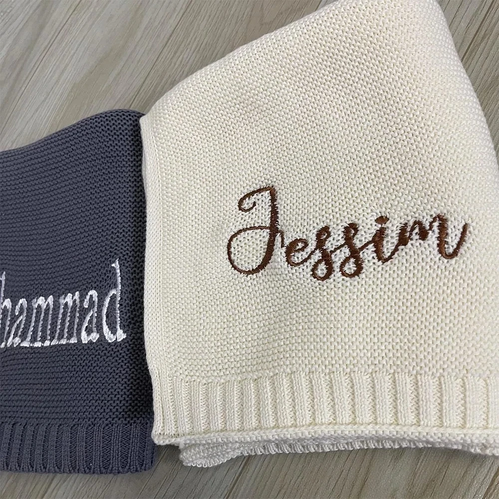 Knitted Baby Blanket Personalized Name Baby Shower Newborn Baby Gift Soft Breathable Blanket Embroidered Kids Cotton Nap Blanket