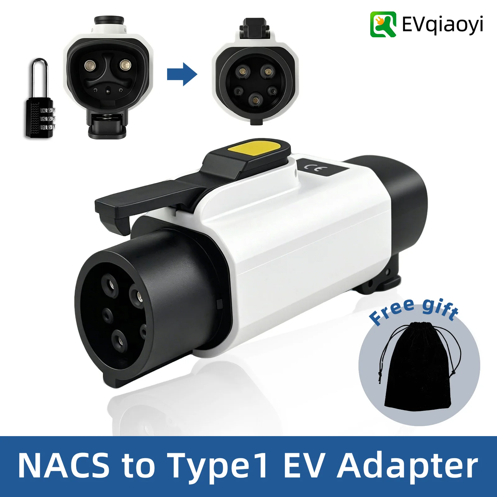 EVqiaoyi NACS to Type1 EV Adapter 50A 11KW from Tesla Pile to Type1 EV Fast Charging Converter for US Standard Cars